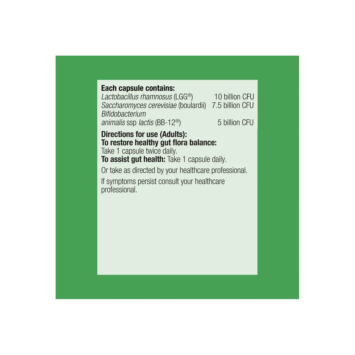 Ultra Flora Intensive Care organisms, CFU amounts and adult directions