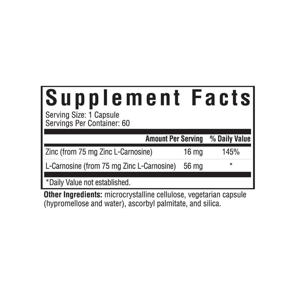 Zinc Carnosine Supplement Facts with compound, zinc and L-carnosine amounts